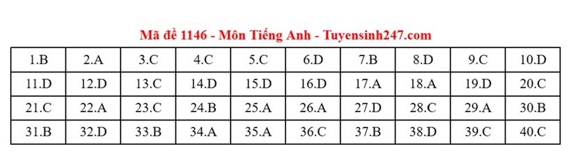 Đáp án gợi ý môn Tiếng Anh mã đề 1146 tốt nghiệp THPT 2025