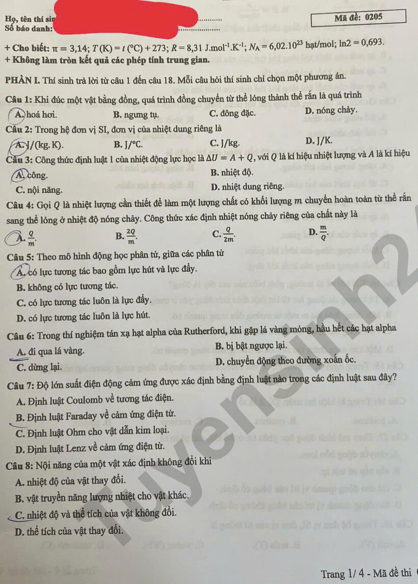 Đáp án gợi ý, đề thi môn Vật lý mã đề 0205 tốt nghiệp THPT 2025 chính xác nhất - 2