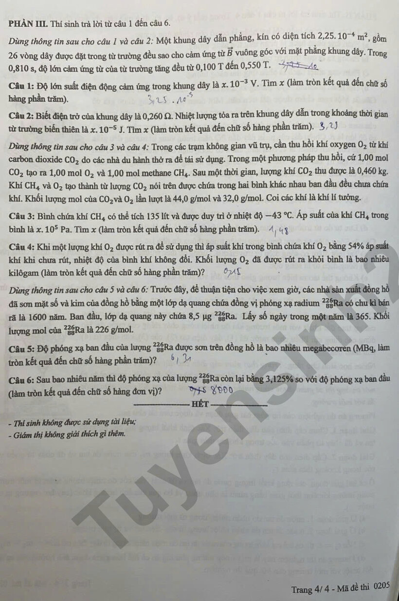 Đề thi môn Vật lý mã đề 0205 thi tốt nghiệp THPT 2025. Ảnh: Tuyensinh247.com