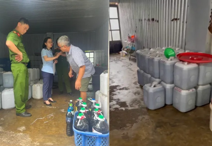 Cơ quan chức năng TP Hà Nội kiểm tra, phát hiện cơ sở kinh doanh 2.600l nước mắm không rõ nguồn gốc xuất xứ. Ảnh: Dân Việt