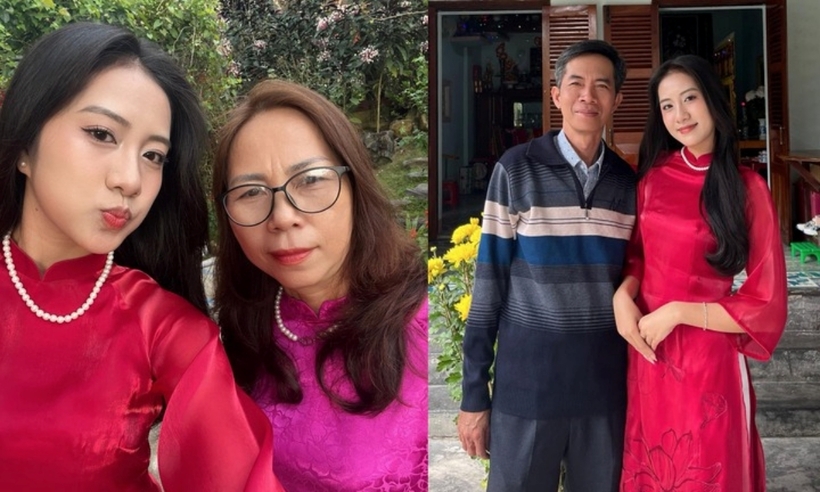 Hoa hậu Trúc Linh bên bố mẹ. Ảnh: VTC News