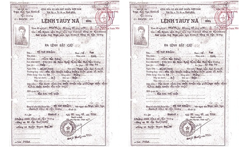 Lệnh truy nã đối tượng Vũ Văn Khoảng vào năm 1990. (Ảnh: Công an tỉnh Sơn La)