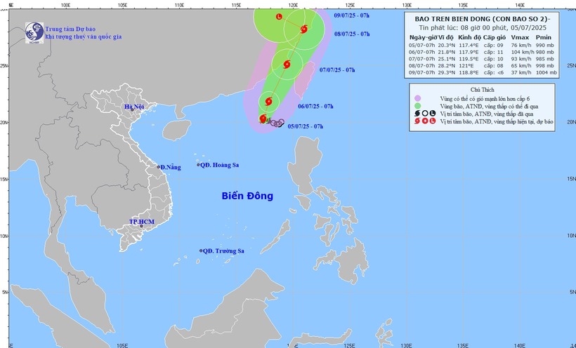 Cập nhật hướng đi của bão số 2 vào 8h sáng 5/7. (Ảnh: Trung tâm Dự báo Khí tượng Thủy văn Quốc gia)