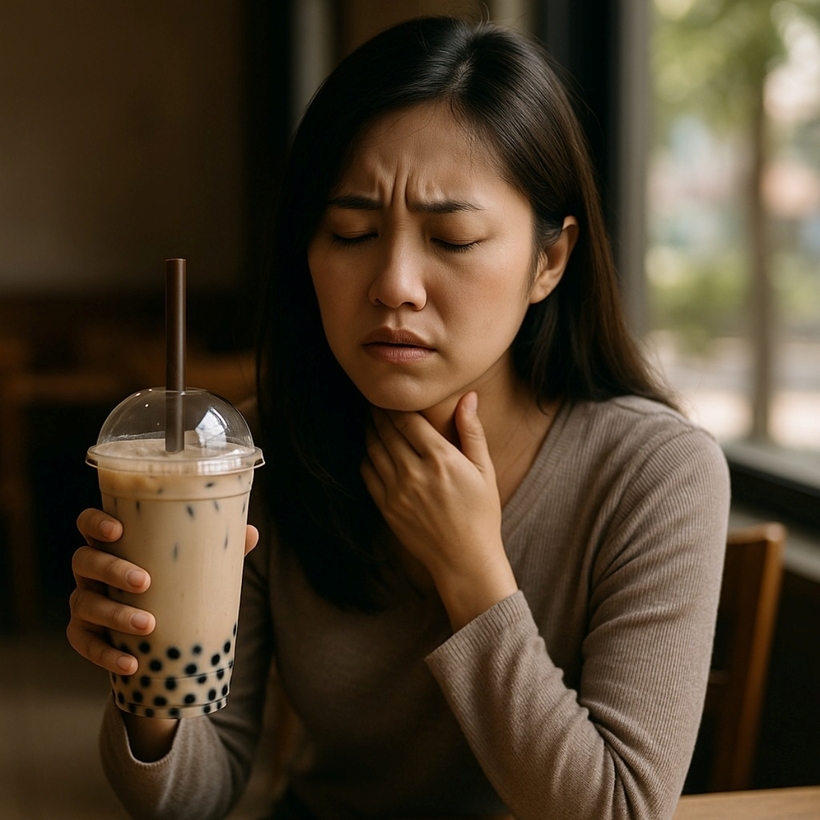 Nữ ca sĩ liên tục cảm thấy đau rát, có cảm giác vướng khi nuốt, cùng các triệu chứng như ợ nóng và trào ngược. Ảnh minh họa: AI/ Dân Việt