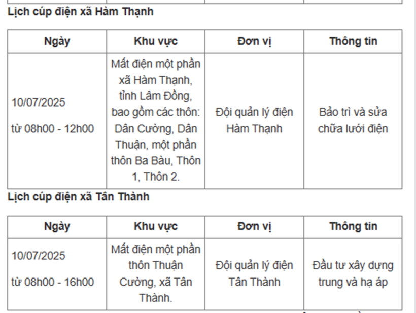 Lịch cúp điện các khu vực tại Lâm Đồng ngày 10/07/2025 được cập nhật từ cổng thông tin Điện lực miền Nam. Ảnh: VTC News