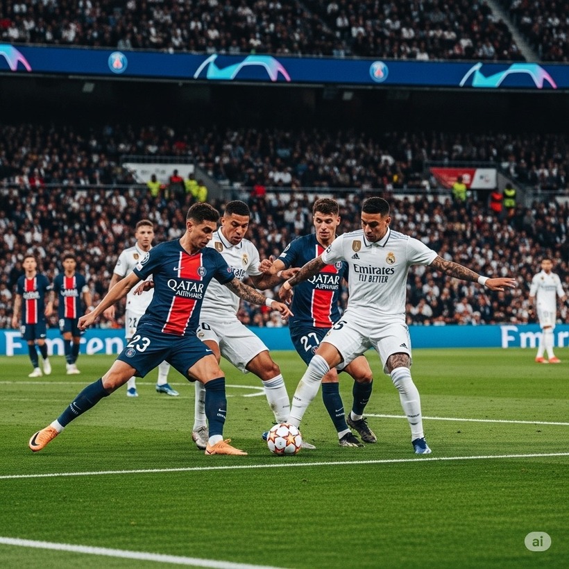 Trận đấu giữa PSG và Real Madrid hứa hẹn sẽ là một cuộc thư hùng đỉnh cao, mang tính chất "chung kết sớm" của FIFA Club World Cup. Ảnh: AI.