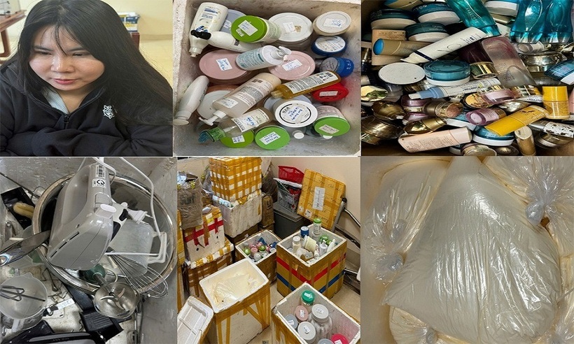 Lực lượng chức năng thu giữ lượng lớn hóa chất không rõ nguồn gốc, máy móc (máy trộn, thanh quay) và vỏ chai lọ rỗng. Ảnh: Công an tỉnh Thanh Hóa.