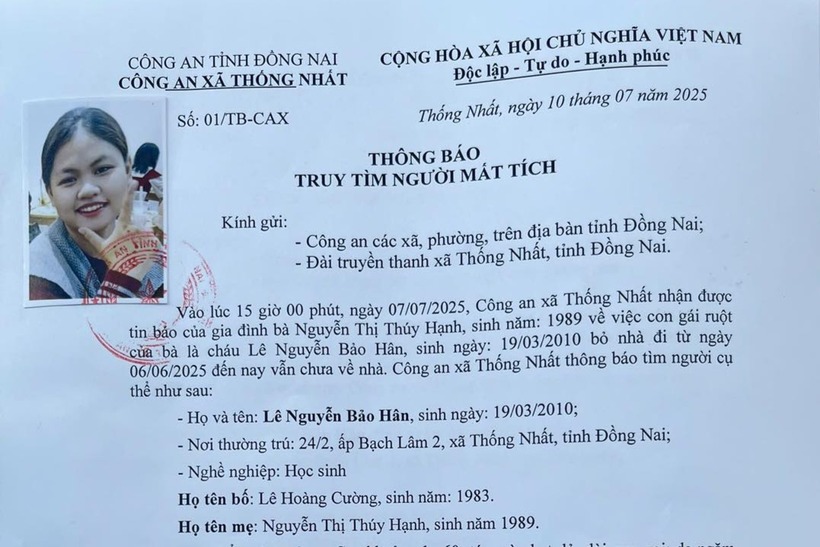 Thông báo của Công an xã Thống Nhất. Ảnh: Vietnamnet