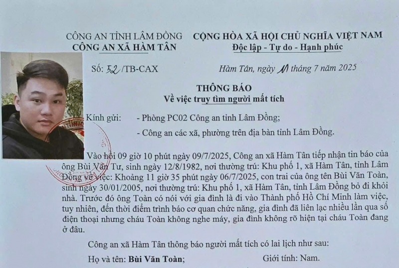 Hình ảnh nam thanh niên mất tích trên thông báo truy tìm của công an. (Ảnh: CAND)