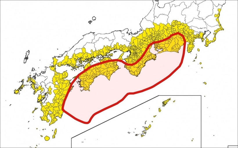 Bản đồ khu vực ảnh hưởng của siêu động đất rãnh Nankai. Ảnh: Cơ quan khí tượng thủy văn Nhật Bản lập.