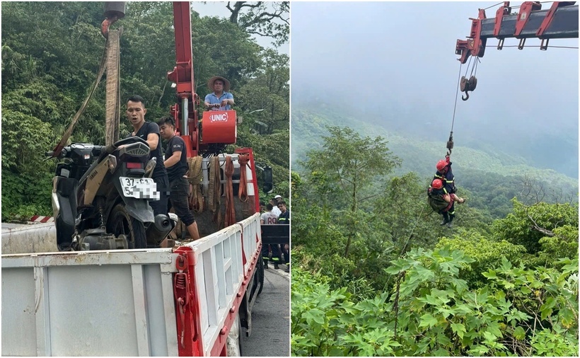 Lực lượng chức năng dùng thiết bị chuyên dụng đưa nạn nhân lên vị trí an toàn (Ảnh: Công an).