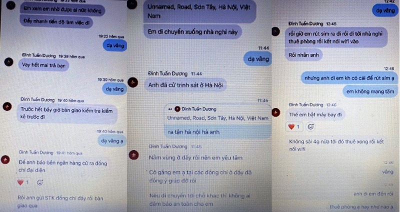 Những đoạn tin nhắn các đối tượng nhắn tin điều khiển bị hại. Ảnh: Công an nhân dân.