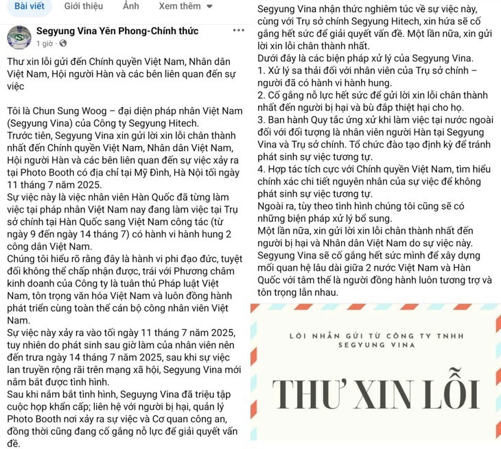 Bài đăng xin lỗi của Công ty Segyung Hi-Tech chi nhánh Việt Nam (Segyung Vina). Ảnh: Tuổi trẻ