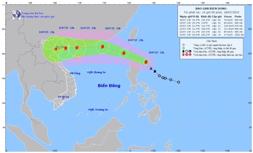 Bản đồ dự báo quỹ đạo và cường độ bão Wipha lúc 14 giờ ngày 18/7/2025