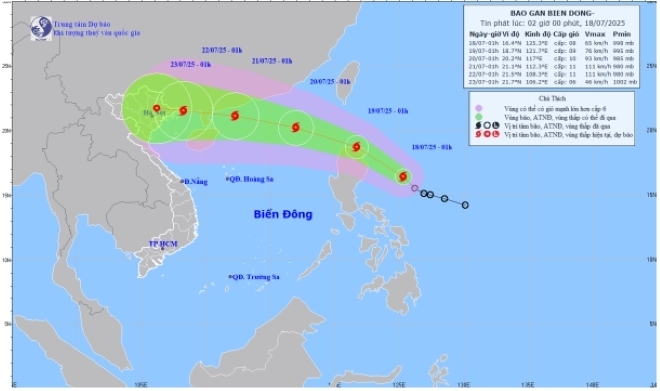 Bản đồ dự báo quỹ đạo và cường độ bão Wipha phát lúc 2h ngày 18/7/2025. Ảnh: Trung tâm Dự báo Khí tượng Thủy văn Quốc gia