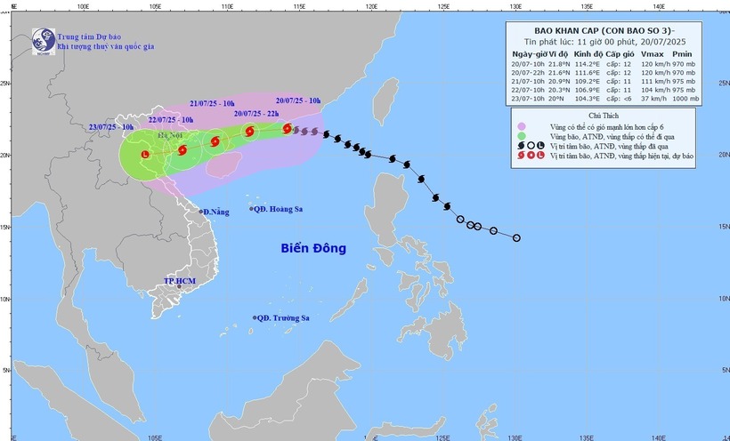 Dự báo hướng di chuyển của bão số 3 (bão Wipha). Ảnh: nhcmf