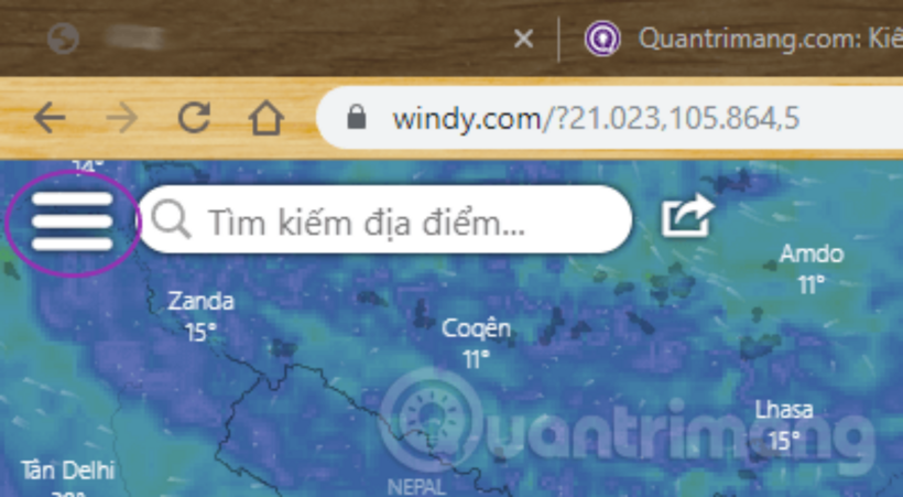 Truy cập vào website: Windy.com > nhấp vào menu ở góc trên bên trái: