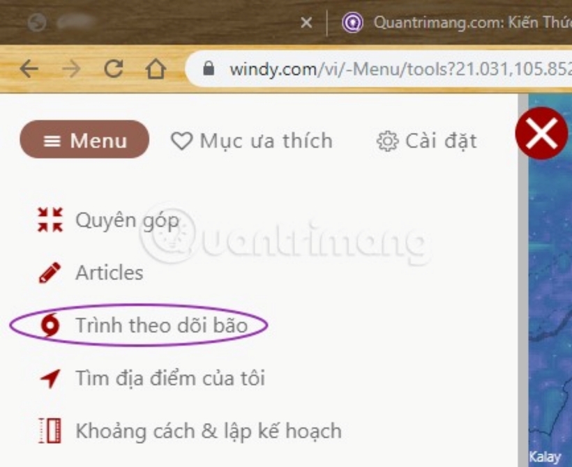 Chọn Trình theo dõi bão