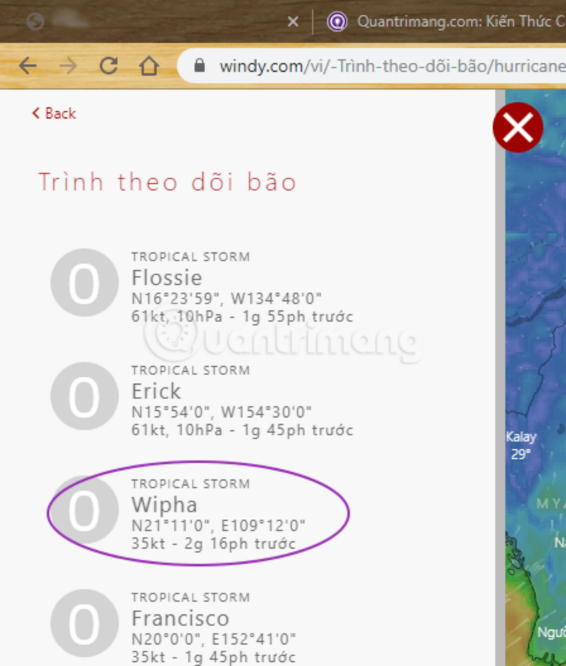 Chọn cơn bão muốn theo dõi bằng cách nhấp vào tên nó, ở đây mình chọn Wipha.