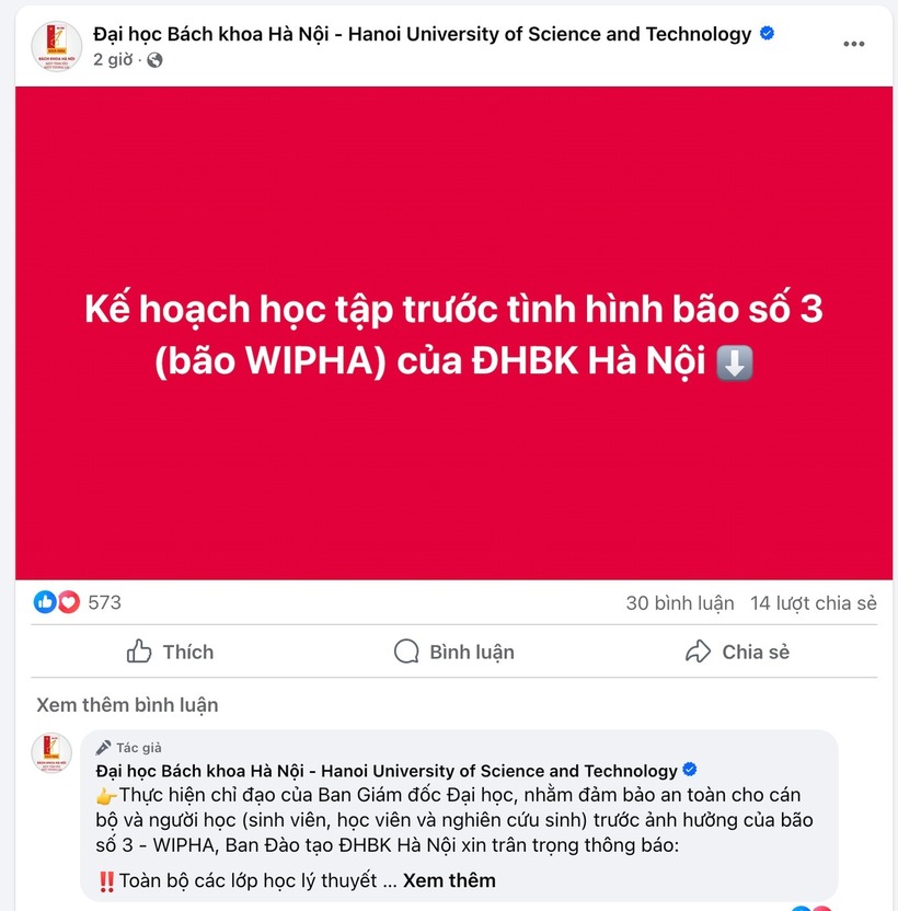 Thông báo thay đổi kế hoạch học tập của ĐH Bách khoa Hà Nội. Ảnh: Dân trí