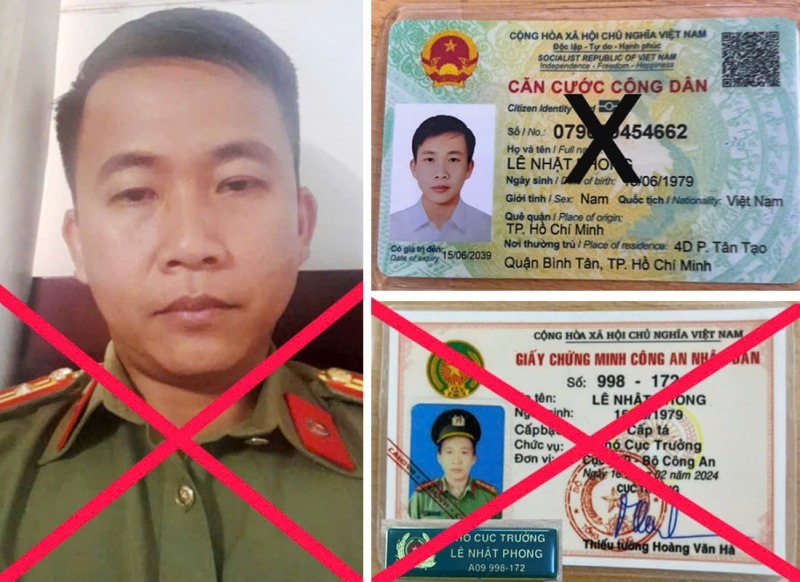 Phạm Văn Thảo giả mạo là “Đại tá, Phó Cục trưởng Cục An ninh điều tra, Bộ Công an” cùng các giấy tờ giả. (Ảnh: Cơ quan công an)