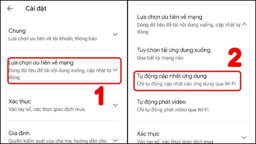 Nhấn vào “Lựa chọn ưu tiên về mạng” > Chọn “Tự động cập nhật ứng dụng”. Ảnh: VTC News
