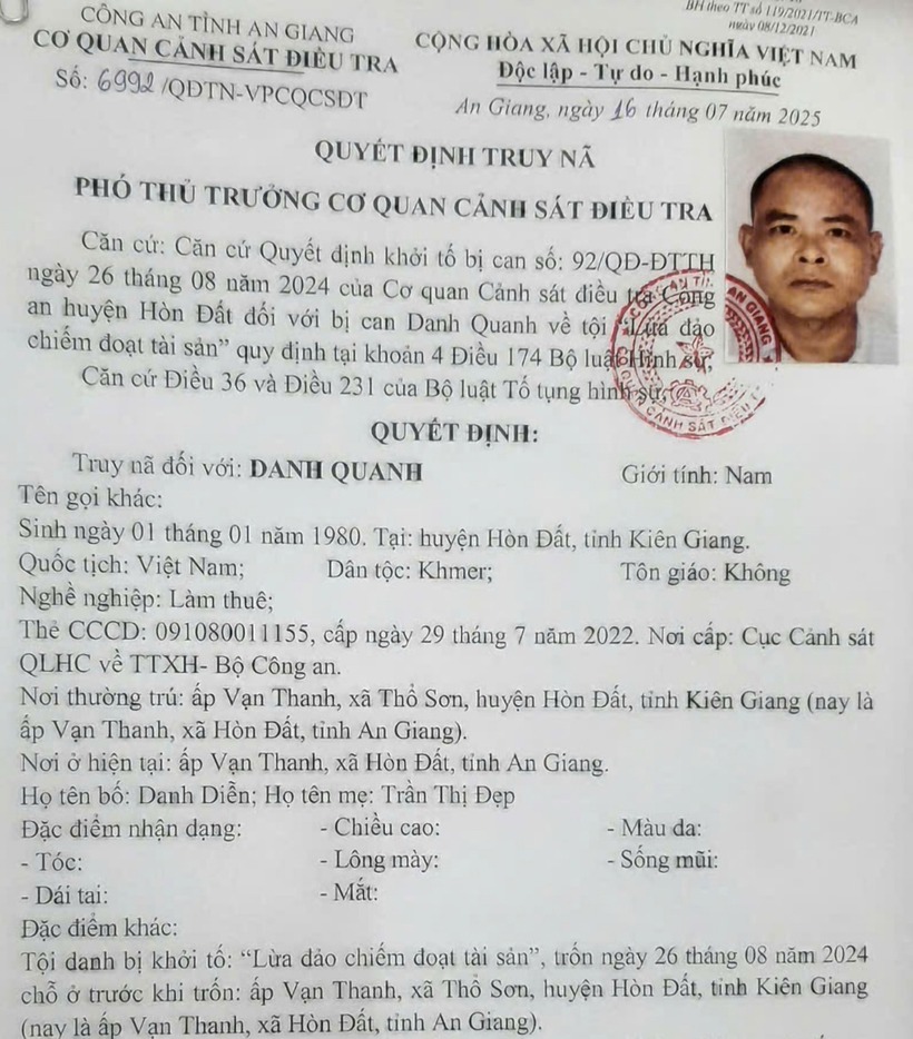Cơ quan cảnh sát điều tra Công an tỉnh An Giang truy nã bị can Danh Quanh đã lừa đảo 5,7 tỷ đồng tiền đặt cọc mua lúa. Ảnh: Báo An Giang