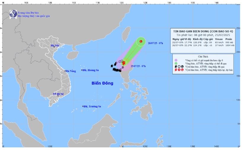 Vị trí và hướng di chuyển của bão Cỏ May. (Ảnh: Trung tâm Dự báo khí tượng thủy văn quốc gia)