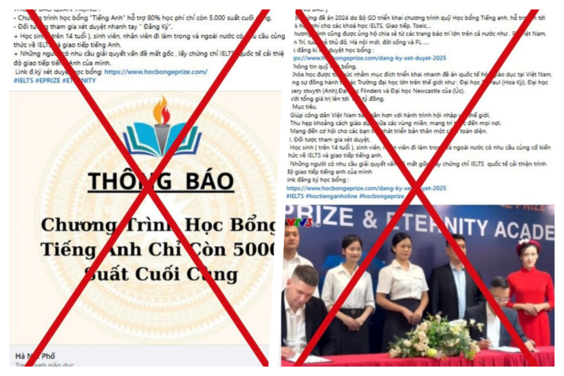 Một số thông tin, hình ảnh giả mạo học bổng Tiếng Anh được Bộ GD&ĐT công bố. Ảnh: Lao động