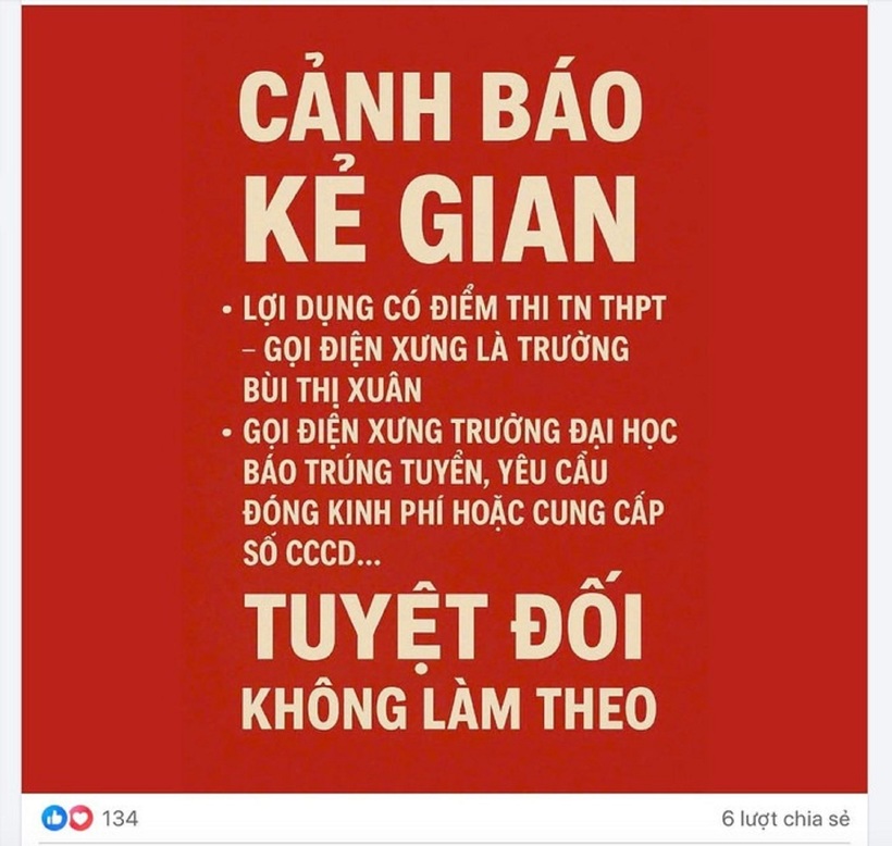 Fanpage Trường Bùi Thị Xuân phát cảnh báo tới toàn thể phụ huynh, học sinh lớp 12 của trường. Ảnh: Giáo dục Việt Nam