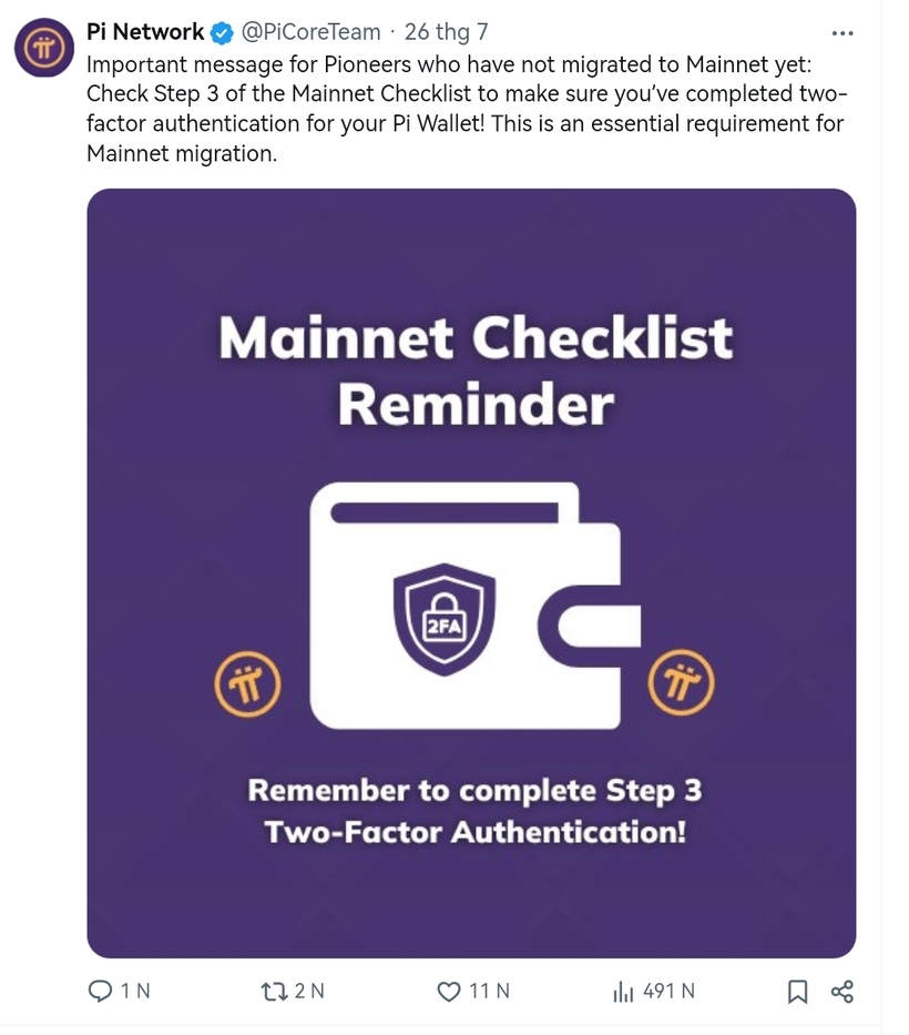 Đội ngũ phát triển Pi Network cho biết các "Pi thủ" cần làm bước 3 trong quá trình xác thực hai yếu tố nhằm đáp ứng đủ điều kiện chuyển Pi lên mạng Mainnet.