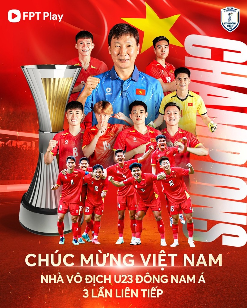 Thầy trò HLV Kim Sang-sik có lần thứ 3 liên tiếp lên ngôi vô địch. Ảnh: FPT Play.