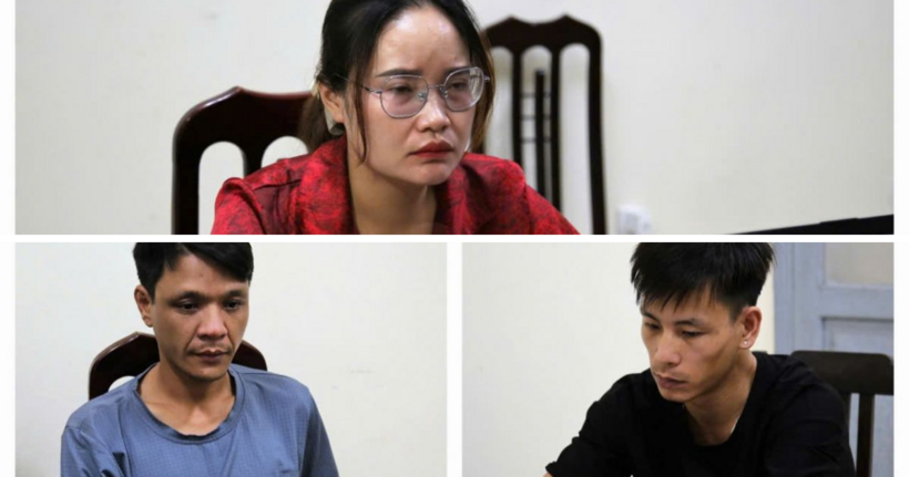 Các bị can Trần Thị Xuân Quế (áo đỏ), Cao Văn Hưng (áo ghi), Nguyễn Hữu Lộc (áo đen). (Ảnh: Công an Ninh Bình)