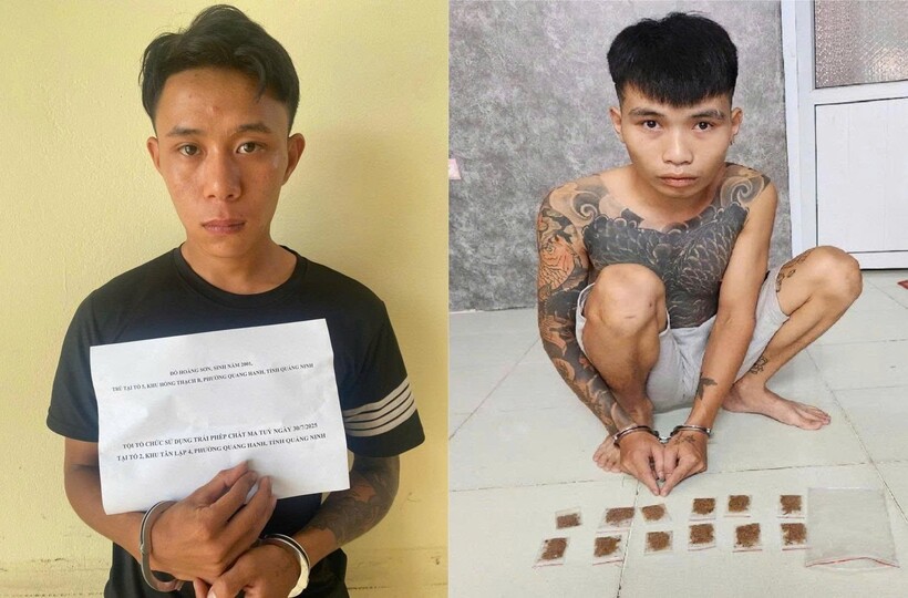 Đối tượng Đỗ Hoàng Sơn và Bùi Đăng Đức cùng tang vật. Ảnh: Công an tỉnh Quảng Ninh.