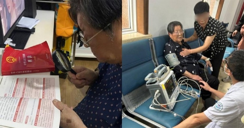 Bà dùng kính lúp để đọc tài liệu tại tòa án. Ảnh: Weibo.
