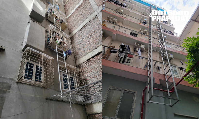 Hệ thống thang thoát hiểm được lắp đặt tại một tòa chung cư mini trên đường Yên Hòa, Hà Nội.