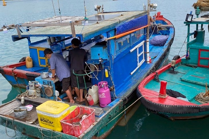 Tàu cá BV 08915 TS khi bị kiểm tra hành chính phát hiện xyanua và súng bắn điện. (Ảnh: Tuổi trẻ)