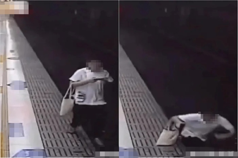 Chiêm bất ngờ rơi xuống đường ray trong lúc đang cúi đầu dùng điện thoại.