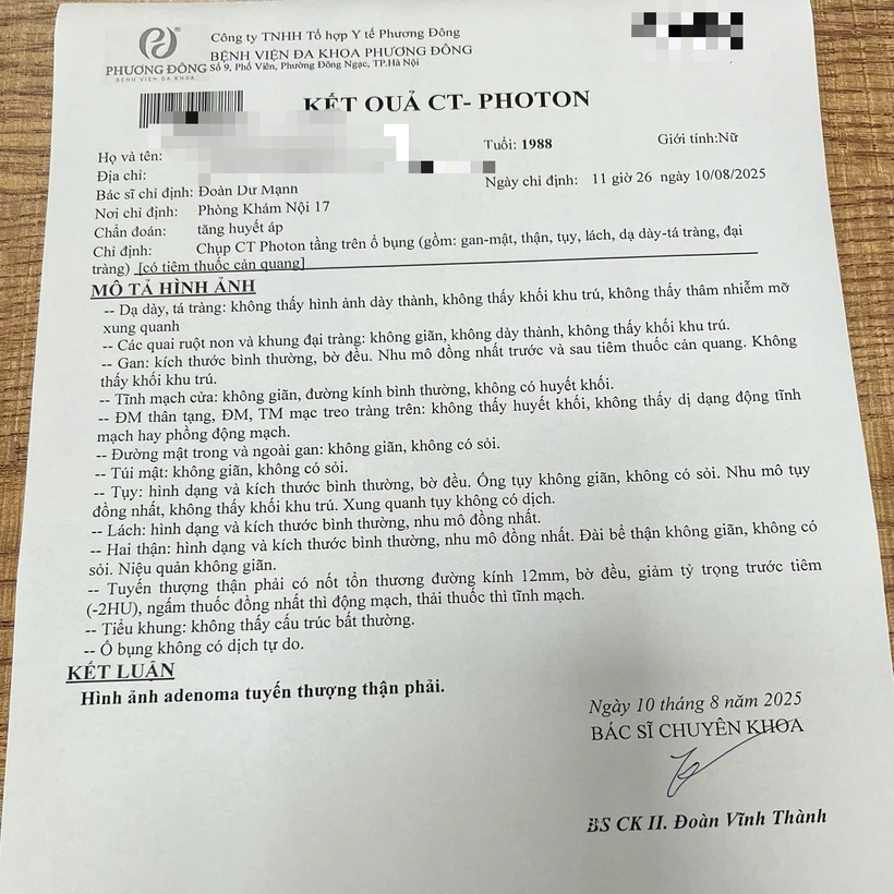 Kết quả CT phát hiện bệnh nhân bị u tuyến thượng thận, căn nguyên dẫn đến tình trạng tăng huyết áp suốt 5 năm qua. Ảnh: BSCC