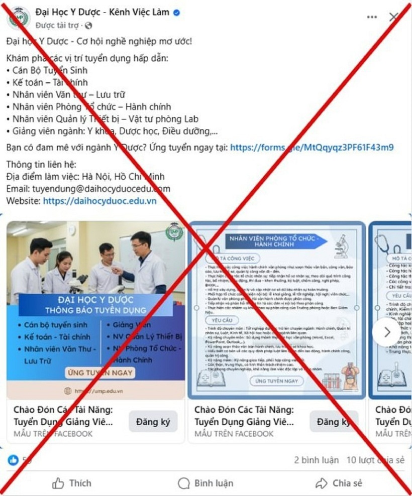 Mặc dù các trường đã phát thông tin cảnh báo, thông tin lừa đảo vẫn tiếp tục xuất hiện như quảng cáo trên Facebook. Ảnh: Thanh niên