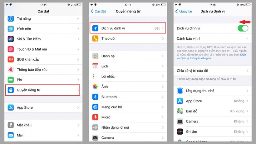Các bước tắt hoàn toàn tính năng định vị.
