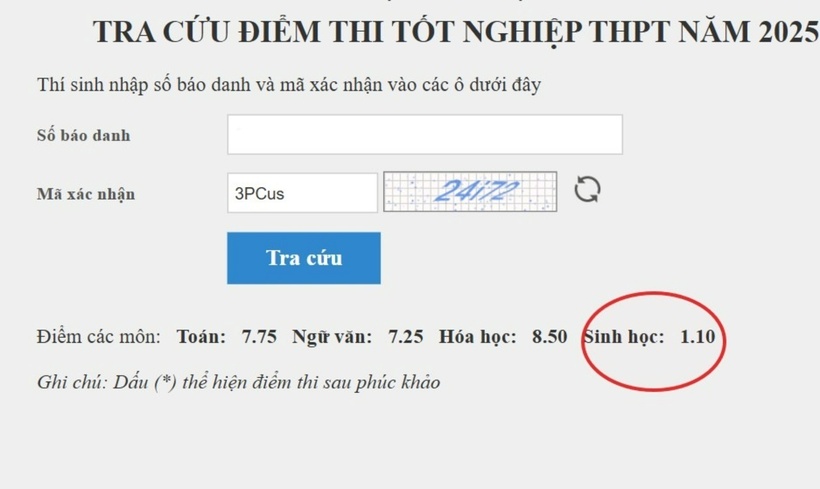 Điểm 4 môn thi của thí sinh N.V.S khi chưa phúc khảo. Ảnh: PLO.