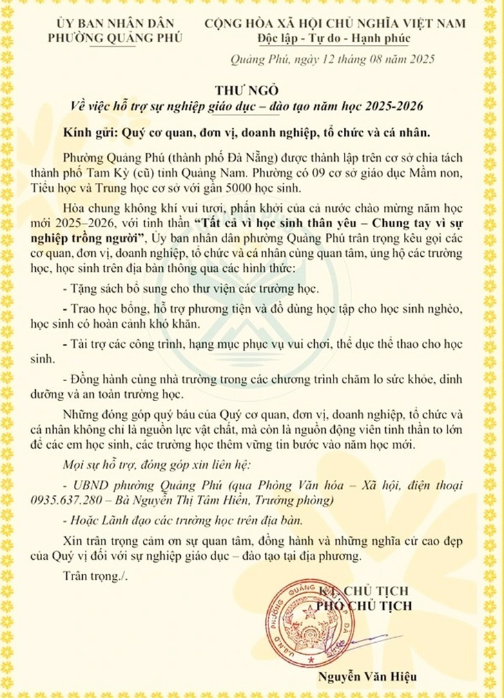 Thư ngỏ của UBND phường Quảng Phú về việc hỗ trợ giáo dục và đào tạo. Ảnh: Tuổi trẻ Online