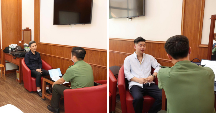 Cơ quan Công an tiến hành lấy lời khai của đối tượng Trần Minh Nhật và Doãn Văn Mạnh. (Ảnh: Công an Phú Thọ)