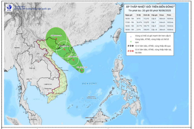 Bản đồ dự báo quỹ đạo và cường độ áp thấp nhiệt đới. Ảnh: NCHMF