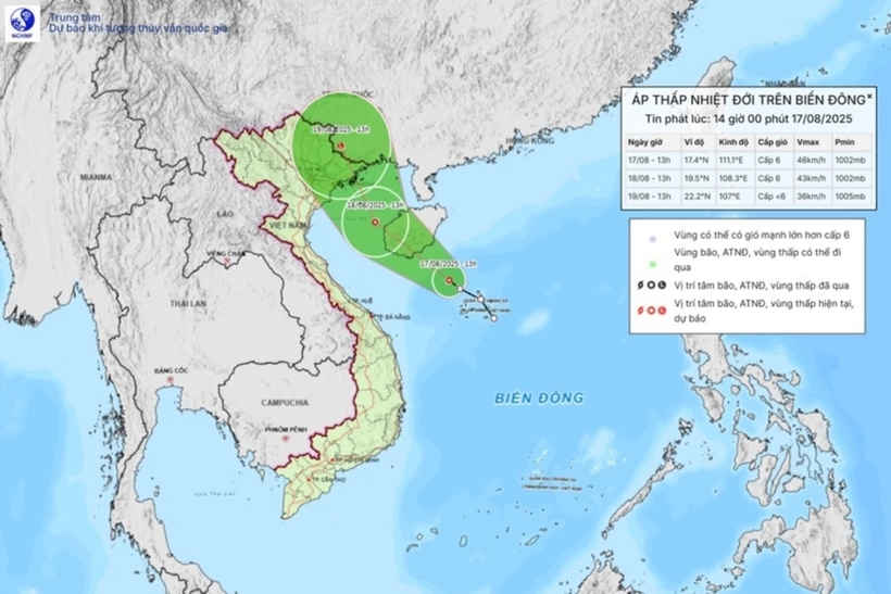 Dự báo hướng di chuyển của áp thấp nhiệt đới. Ảnh: Trung tâm Dự báo Khí tượng Thủy văn Quốc gia
