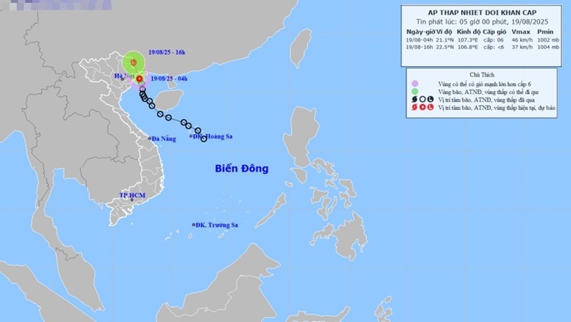 Dự báo vị trí và hướng di chuyển áp thấp nhiệt đới lúc 5h sáng 19/8.