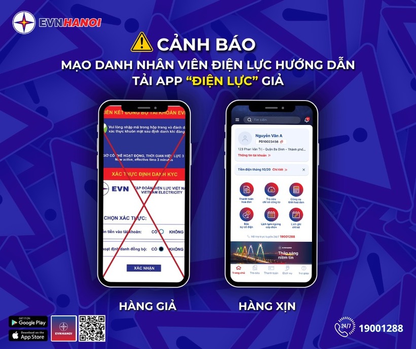 EVNHANOI khuyến cáo khách hàng cảnh giác với chiêu giả mạo nhân viên điện lực để lừa đảo. (Ảnh: EVNHANOI)
