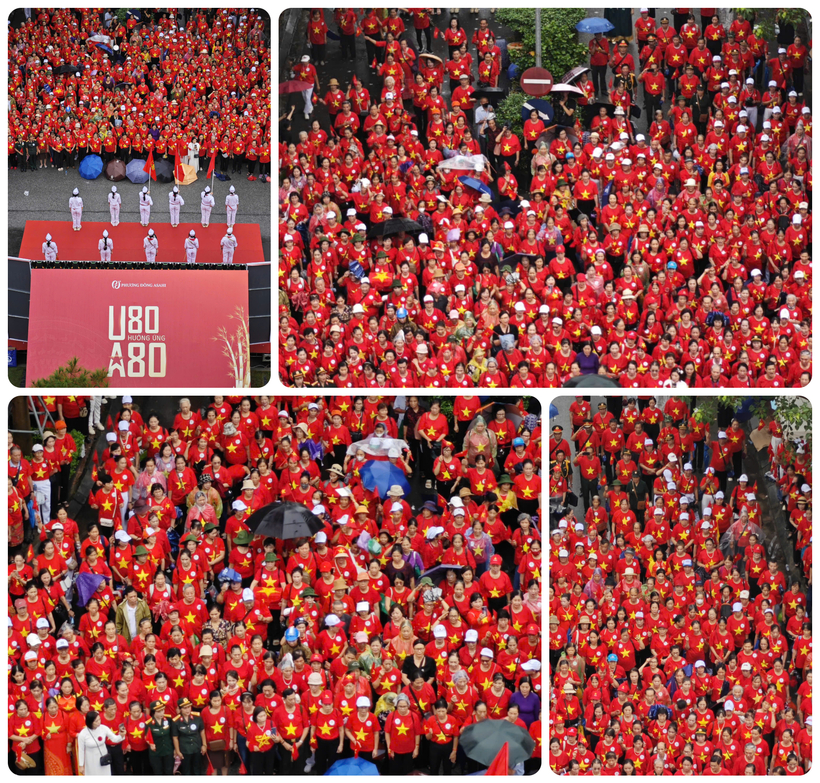 Màu cờ đỏ sao vàng, hòa chung tiếng hát của các cụ ông, cụ bà khiến sự kiện càng thêm hừng hực khí thế