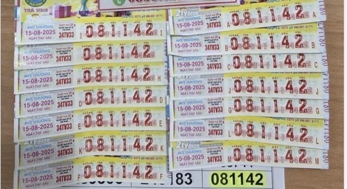 14 tờ giải đặc biệt với dãy số 081142. Ảnh: Báo Tiền phong.